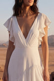 Ivory A Line Ruffled V Neck Maxi Wedding Dress with Flutter Sleeves