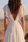 Ivory A Line Ruffled V Neck Maxi Wedding Dress with Flutter Sleeves