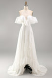 Off the Shoulder Ivory Ruffled A Line Wedding Dress with Slit