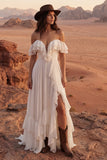 Off the Shoulder Ivory Ruffled A Line Wedding Dress with Slit