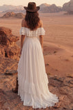 Off the Shoulder Ivory Ruffled A Line Wedding Dress with Slit