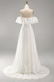 Off the Shoulder Ivory Ruffled A Line Wedding Dress with Slit