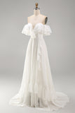 Off the Shoulder Ivory Ruffled A Line Wedding Dress with Slit