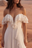 Off the Shoulder Ivory Ruffled A Line Wedding Dress with Slit