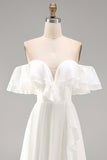 Off the Shoulder Ivory Ruffled A Line Wedding Dress with Slit