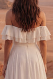 Off the Shoulder Ivory Ruffled A Line Wedding Dress with Slit