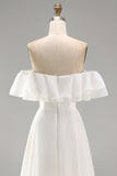 Off the Shoulder Ivory Ruffled A Line Wedding Dress with Slit