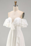 Off the Shoulder Ivory Ruffled A Line Wedding Dress with Slit