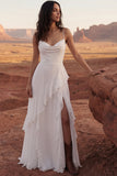 Cowl Neck Ruffled A Line Ivory Wedding Dress with Slit