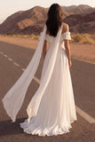 Off the Shoulder Ivory A Line Ruffled High Low Wedding Dress with Sash