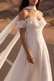 Off the Shoulder Ivory A Line Ruffled High Low Wedding Dress with Sash