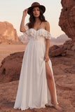 Ivory A Line Ruffle Lace Off the Shoulder Wedding Dress with Slit