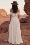 Ivory A Line Ruffle Lace Off the Shoulder Wedding Dress with Slit
