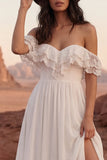 Ivory A Line Ruffle Lace Off the Shoulder Wedding Dress with Slit