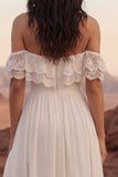 Ivory A Line Ruffle Lace Off the Shoulder Wedding Dress with Slit