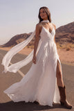 Ivory A Line Ruffled V Neck Long Wedding Dress with Slit
