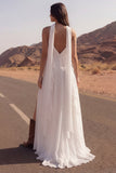 Ivory A Line Ruffled V Neck Long Wedding Dress with Slit