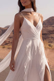 Ivory A Line Ruffled V Neck Long Wedding Dress with Slit