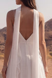 Ivory A Line Ruffled V Neck Long Wedding Dress with Slit