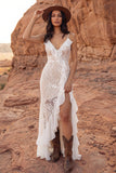 Lace Ivory Ruffle V Neck Boho Wedding Dress with Slit
