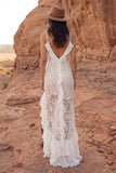 Lace Ivory Ruffle V Neck Boho Wedding Dress with Slit