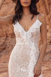 Lace Ivory Ruffle V Neck Boho Wedding Dress with Slit