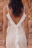 Lace Ivory Ruffle V Neck Boho Wedding Dress with Slit
