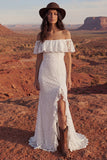Boho Ivory Off the Shoulder Mermaid Lace Wedding Dress with Slit