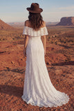 Boho Ivory Off the Shoulder Mermaid Lace Wedding Dress with Slit