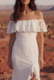 Boho Ivory Off the Shoulder Mermaid Lace Wedding Dress with Slit