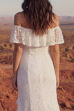 Boho Ivory Off the Shoulder Mermaid Lace Wedding Dress with Slit