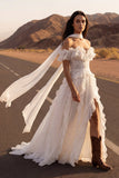 Off the Shoulder Ivory Lace Ruffled A Line Wedding Dress with Slit