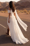 Off the Shoulder Ivory Lace Ruffled A Line Wedding Dress with Slit