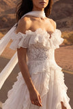 Off the Shoulder Ivory Lace Ruffled A Line Wedding Dress with Slit