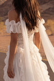 Off the Shoulder Ivory Lace Ruffled A Line Wedding Dress with Slit