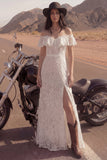 Lace Off the Shoulder Ruffled Ivory Boho Wedding Dress with Slit