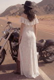 Lace Off the Shoulder Ruffled Ivory Boho Wedding Dress with Slit