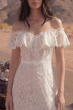Lace Off the Shoulder Ruffled Ivory Boho Wedding Dress with Slit