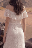 Lace Off the Shoulder Ruffled Ivory Boho Wedding Dress with Slit
