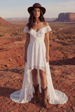 Ivory High Low A Line Off the Shoulder Boho Wedding Dress