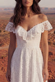Ivory High Low A Line Off the Shoulder Boho Wedding Dress