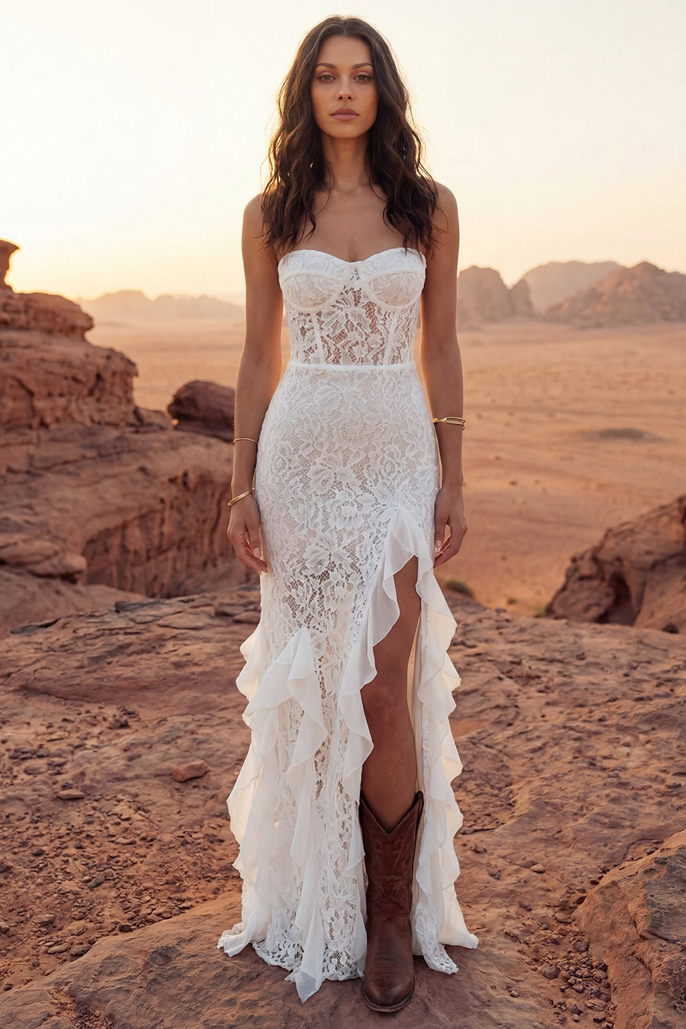Wedtrend Women Strapless Corset Boho Wedding Dress Ruffled Ivory Lace Sheath Maxi Bridal Dress with Slit WEDTREND Wedtrend Women Strapless Corset Boho Wedding Dress Ruffled Ivory Lace Sheath Maxi Bridal Dress with Slit WEDTREND
