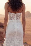 Strapless Ivory Corset Lace Boho Wedding Dress with Slit