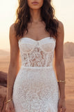 Strapless Ivory Corset Lace Boho Wedding Dress with Slit
