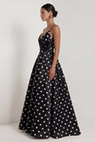 Black White Polka Dot Ruched A Line Long Formal Dress