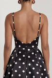 Black White Polka Dot Ruched A Line Long Formal Dress