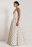 Black White Polka Dot Ruched A Line Long Formal Dress