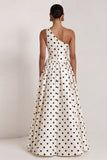 One Shoulder White Black Polka Dot A Line Formal Dress