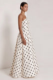 One Shoulder White Black Polka Dot A Line Formal Dress