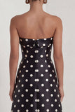 Strapless Black White A Line Polka Dot Long Formal Dress with Slit